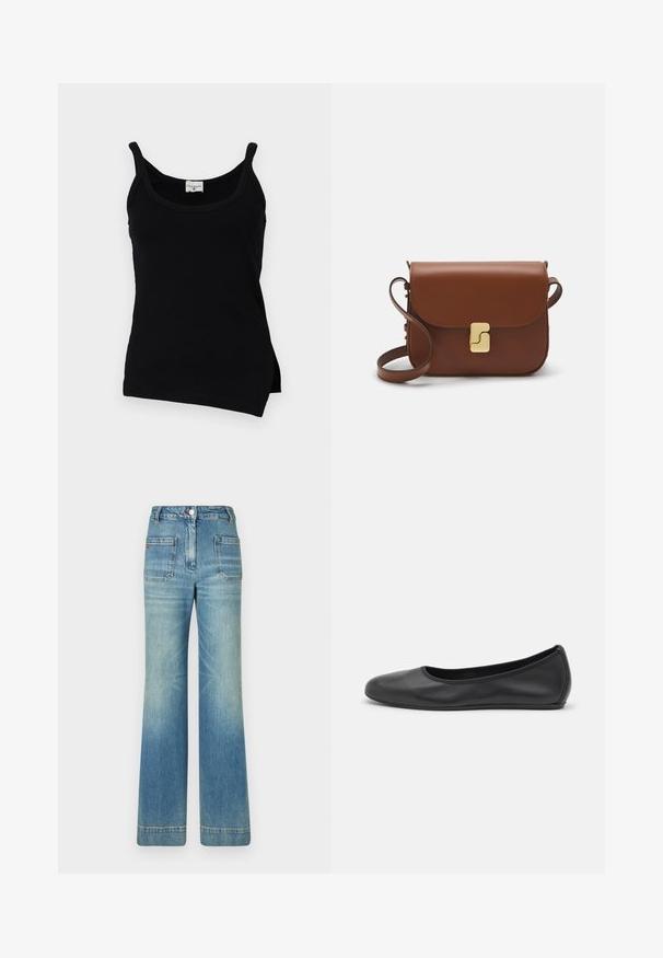 Must mustriba tank top peente õlavarre rihmadega, kõver hem ning külje lõhudega. Kangas näib sile ja kerge venitusega. Brändi silt on nähtav krael.; Heledad sinine denimist laienevad teksad viie tasku, vöödega, nööbiga kinnitusega ja kergelt tuhmise tekstuuriga, tagaküljel punane logo detail.; Musthave mustika tantsutossud mustast nahast, ümmarguse varbaga, siledast tekstuurist, minimaalse õmblusdetailiga ja paindliku tallakujundusega.; Pruunist nahast käekott, millel on klapiga sulgur, kuldne riistvara, õlarihm ja sile tekstuur. Kompaktne ristkülikukujuline vorm.