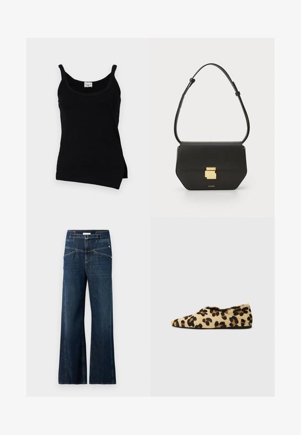 Fekete bordázott ujjatlan felső vékony pántokkal, ívelt alsó résszel és oldalsó hasítékokkal. Az anyag simának tűnik, enyhe rugalmassággal. A márkacímke a nyaknál látható.; Sötétkék farmerból készült bő szabású farmerek, magas derékkal, két elülső zsebbel és kontrasztos varrással.; Puha szőrből készült leopárdmintás lapos cipők, hegyes orrú kialakítással és alacsony profilú megjelenéssel. Természetes árnyalatok fekete részekkel.; CLOSED CLOSED ONE - Keresztpántos táska - black