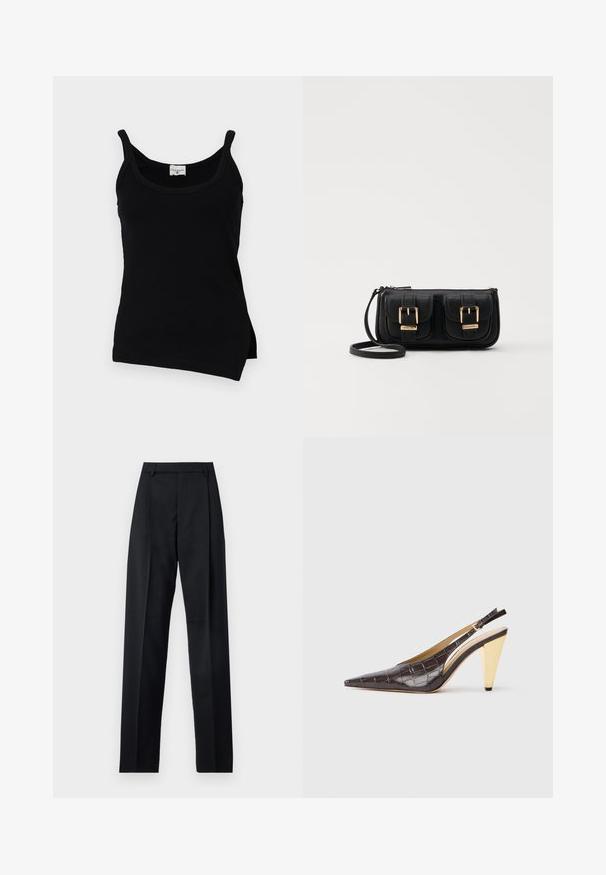 Top de tirantes finos de rayas negras, con dobladillo curvo y aberturas laterales. La tela parece suave con un ligero estiramiento. Etiqueta de la marca visible en el escote.; Pantalones negros de tela suave con cintura alta, piernas amplias, pliegues frontales y lazos de cinturón clásicos. No hay bolsillos laterales visibles.; Zapatos de tacón tipo slingback de punta afilada en imitación de cocodrilo brillante de color marrón oscuro. Presenta un tacón geométrico en tono dorado y una correa ajustable en el tobillo.; Bolso cruzado de cuero negro con dos bolsillos frontales, hebillas doradas, cierre de cremallera y una correa delgada. Superficie texturizada y forma rectangular compacta.