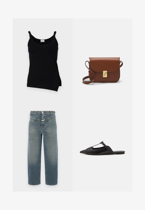 Schwarzes, geripptes Top mit dünnen Trägern, geschwungenem Saum und seitlichen Schlitzen. Der Stoff wirkt glatt mit einem leichten Stretch. Markenlabel an der Halslinie sichtbar.; CLOSED STOVER X - Jeans Tapered Fit - mid blue; Schwarzer Leder-Slingback-Schuh mit spitzem Zehenbereich, ausgestattet mit einem geflochtenen Akzent und einem gefalteten Oberdesign. Flache Sohle mit minimalem Zubehör.; Braune Ledertasche mit Klappenverschluss, Beschlägen in Goldfarbe, einem Schultergurt und einer glatten Oberfläche. Kompakte rechteckige Form.