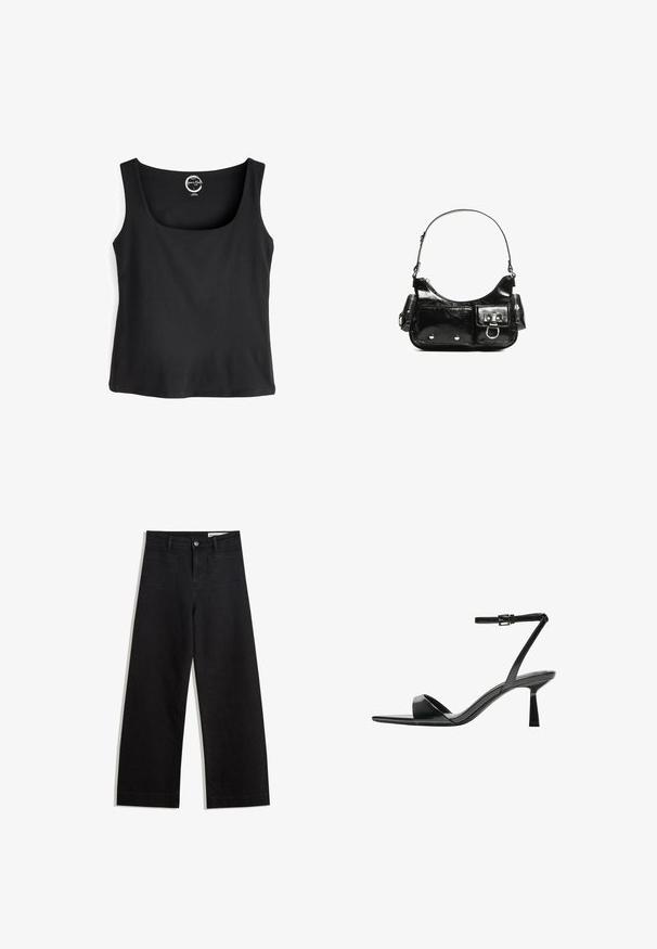 Zwarte mouwloze tanktop van katoen, met een ronde hals en een effen kleur zonder patronen of accenten.; Zwarte denim broek met wijde pijpen en een hoge taille, voorzien van voor- en achterzakken, gestikte naden en een knoopsluiting. Gladde textuur.; Bershka Sandalen met hoge hak - black; Zwarte laarzen in lakleer met een gebogen vorm, één schouderband, voorvakken en accenten in zilverkleurig metaal.