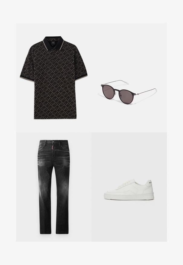 Svart polotröja med ett geometriskt guldmönster, korta ärmar och en klassisk krage med subtila randiga detaljer.; Svarta denimjeans med rak passform. Har blekta områden, mindre slitningar, klassisk femficksdesign och knäppning med knapp.; Vita lädersneakers med en jämn yta, rund tå, platta snörningar och en strukturerad sula. Har en diskret logotyp på hälen.; Svarta runda solglasögon med mörka linser och smala metallarmar. Inkluderar klara tempeltips och silverdetaljer vid gångjärnet. Minimalistisk design.