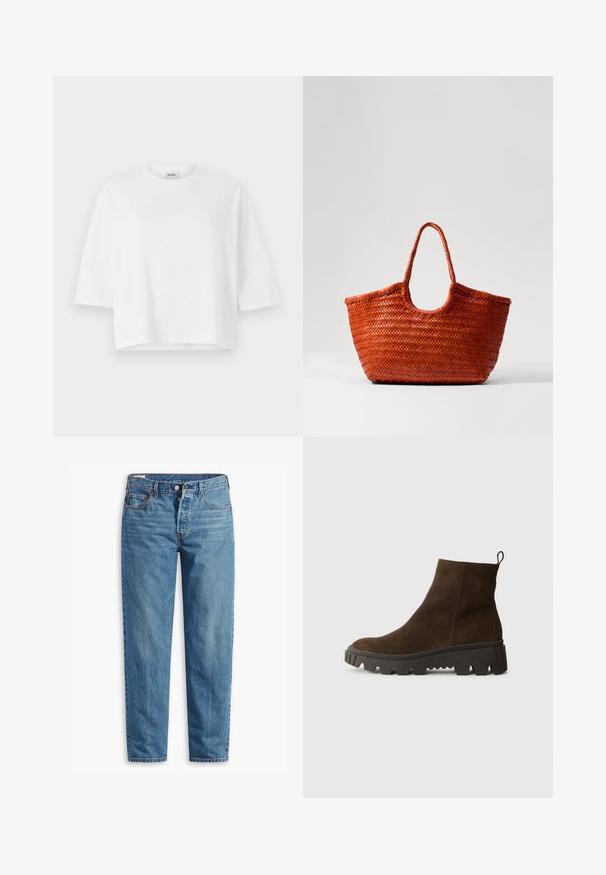 Valkoinen lyhythihainen t-paita, jossa on pyöreä kaula-aukko, valmistettu pehmeästä puuvillasta. Yksinkertainen muotoilu, ei kuvioita tai koristeita.; Siniset farkut suoralla lahkeella, joissa on vetoketjukiinnitys, kaksi etutaskua ja hienovarainen haalistuminen kankaassa.; Ruskoharmaa nahkasaapas nilkkoihin, jossa on paksu musta kumipohja, hieno korko ja vetotappi takana helppoa pukemista varten.; DRAGON DIFFUSION NANTUCKET BASKET BIG - Käsilaukku - naranja