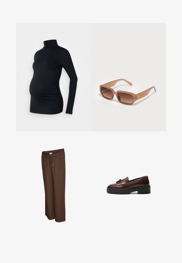 Črn dolg rokav turtleneck top z raztegljivim materialom, zasnovan za prilagoditev nosečniškemu trebuhu, z detajlom naborkov ob straneh.; Rjave hlače širokih nogavic iz teksturirane, rebraste tkanine, z elastičnim pasom in nastavljivo vrvico. Žepov ni vidno.; Rjavi usnjeni loafer s sijočim dizajnom, kontrastno črno platformo in dekorativnim dodatkom v obliki tupe na sprednjem delu. Gladka tekstura.; Rjavi pravokotni sončna očala z gradientnimi lečami, debelimi okvirji in detajlom logotipa na strani. Gladek plastičen material, minimalističen dizajn.
