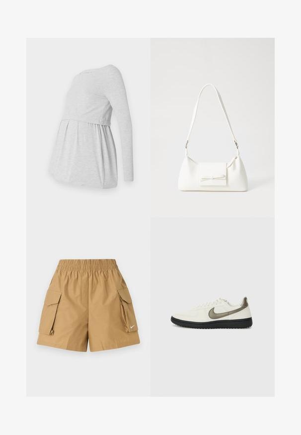 Vaaleanharmaa pitkähihainen äitiystoppi, jossa on pyöreä kaula-aukko, valuva A-linjainen muotoilu ja kerätty kangas rinnan alapuolella mukavuutta varten.; Vaaleanbeige cargo-shortsit, joissa on joustava vyötärö, kaksi sivutaskua ja pieni valkoinen logodetail. Valmistettu kevyestä, teksturoidusta kankaasta.; Nike Sportswear FIELD GENERAL - Matalavartiset tennarit - off-white/black; Valkoinen synteettinen käsilaukku, jossa on kolmikulmainen muoto, tasainen etu läppä ja nauhadetail, säädettävä olkahihna, sileä rakenne ja minimalinen muotoilu.