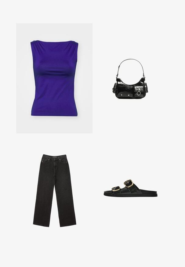 Top viola senza maniche realizzato in un materiale liscio e elastico. Presenta una forma aderente con morbide pieghe sul colletto e sui lati.; Jeans neri a gamba larga realizzati in denim, caratterizzati da piccoli motivi a pois, design classico a cinque tasche e chiusura con bottone e zip.; Infradito neri con due accenti di fibbia dorata, materiale dalla texture liscia, suola piatta e design minimalista.; Borsa a spalla in vernice nera con forma curvata, una tracolla, tasche frontali e dettagli in metallo argentato.