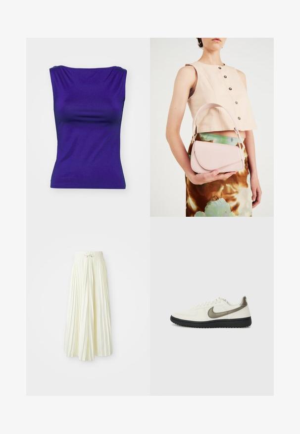 Vijolična brezrokavna majica iz gladkega, raztegljivega materiala. Ponuja prilegajočo obliko z nežnimi gubami na izrezu in stranici.; Plisirana midi krila iz svetlo rumenega blaga, ki ima elastičen pas z vezalko, gladko teksturo in vertikalne črte za dodatne podrobnosti.; Nike Sportswear FIELD GENERAL - Športni copati - off-white/black; Roza usnjena torbica s ukrivljenim poklopcem, enim naramnim trakom in čistimi linijami. Torbica se ponaša z gladko teksturo in minimalističnim dizajnom.