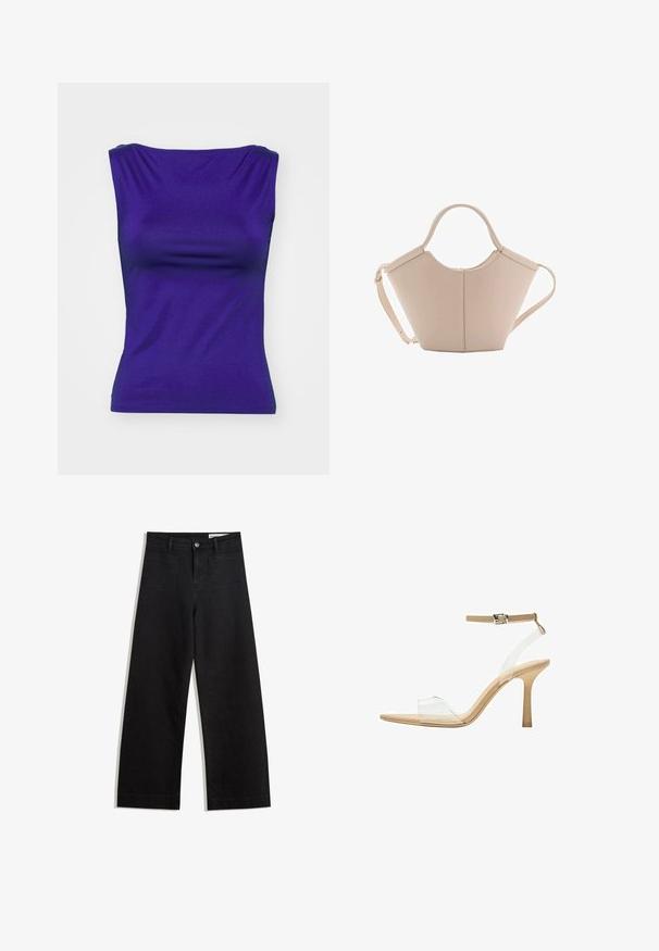 Purple sleeveless top with a smooth, stretchy material. Features a fitted shape with gentle draping at the neckline and side.; Black wide-leg denim pants with a high waist, featuring front and back pockets, stitched seams, and a button closure. Smooth texture.; Clear heeled sandal with a transparent upper, beige footbed, and a slender ankle strap. Features a pointed toe and a thin high heel.; Beige leather handbag with a unique shape, featuring two short handles and a long adjustable strap. Smooth texture with minimal hardware.; Clear and amber resin rings, one smooth and transparent, the other with a textured, amber finish. Both feature rounded, chunky designs.