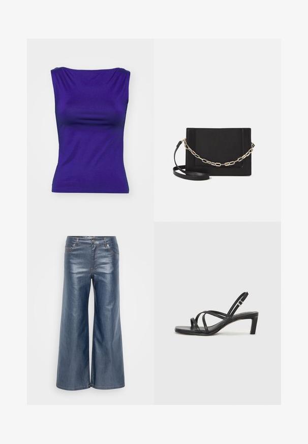 Purple sleeveless top with a smooth, stretchy material. Features a fitted shape with gentle draping at the neckline and side.; Wide-leg denim trousers in dark blue, featuring a smooth texture, five-pocket design, and contrasting stitching. Front button and zip closure.; Black strappy sandal with a square toe and a low block heel. Features multiple thin straps and an adjustable ankle strap. Made of smooth leather.; Black leather crossbody bag featuring a smooth texture, rectangular shape, and a metallic chain detail on the front. Adjustable strap included.