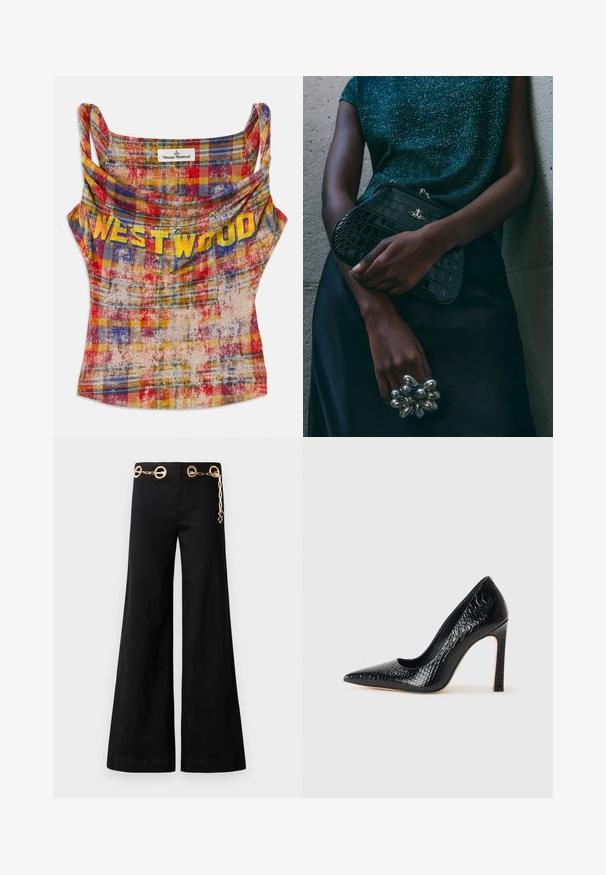 Top corto a righe nei colori vivaci rosso, giallo e blu. Presenta un scollo drappeggiato e il testo "WESTWOOD" in bold giallo. Tessuto morbido e strutturato.; Pantaloni neri a gamba larga realizzati in cotone, con elementi circolari in metallo dorato e un dettaglio a catena sulla vita. Texture liscia, taglio pulito.; Scarpa nera con punta a punta alta in pelle di coccodrillo, caratterizzata da un design elegante, alto tacco a spillo e interno nero liscio.; Clutch bag nera con motivo coccodrillo e hardware argentato, appoggiata su uno sfondo grigio texture. Presenta una superficie lucida.