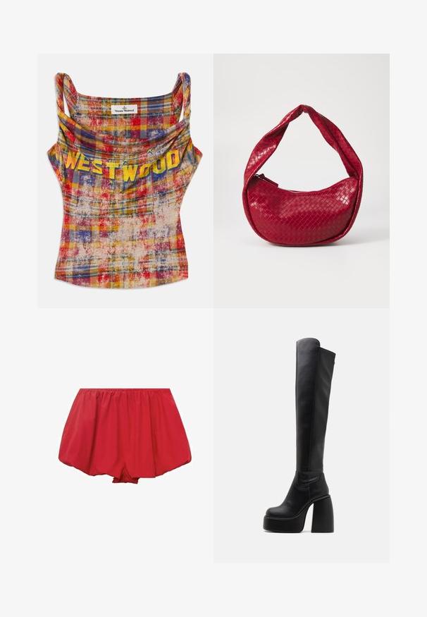 Lyhyttoppi, jossa on ruudullinen kuvio kirkkaan punaisena, keltaisena ja sinisenä. Sisältää roikkuvan kaula-aukon ja "WESTWOOD"-tekstin paksulla keltaisella. Pehmeä, teksturoitu kangas.; Punat kevyet shortsit, joissa on joustava vyötärö. Muotoilu on löysä ja levenevä, ja kankaassa on ryppymäinen rakenne, joka takaa rentouttavan istuvuuden.; Buffalo HEART STRETCH BOOT - Platform-saappaat - black; Punainen kudottu nahkakäsilaukku, jossa on kaareva, pehmustettu kahva, vetoketjukiinnitys ja teksturoitu pinta, joka heijastaa kiiltävää hohtoa.