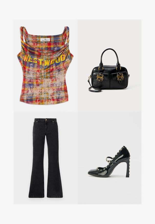 Cropped, plaid tank top in vibrant red, yellow, and blue. Features a draped neckline and "WESTWOOD" text in bold yellow. Soft, textured fabric.; Black flared denim jeans with five pockets, a front button closure, and contrast stitching. Fabric has a smooth texture.; Black patent leather high-heeled shoe with a pointed toe, ankle strap, and gold studded accents along the edges.; Black textured leather handbag with dual top handles, two front pockets, and gold hardware accents. Features a detachable shoulder strap.