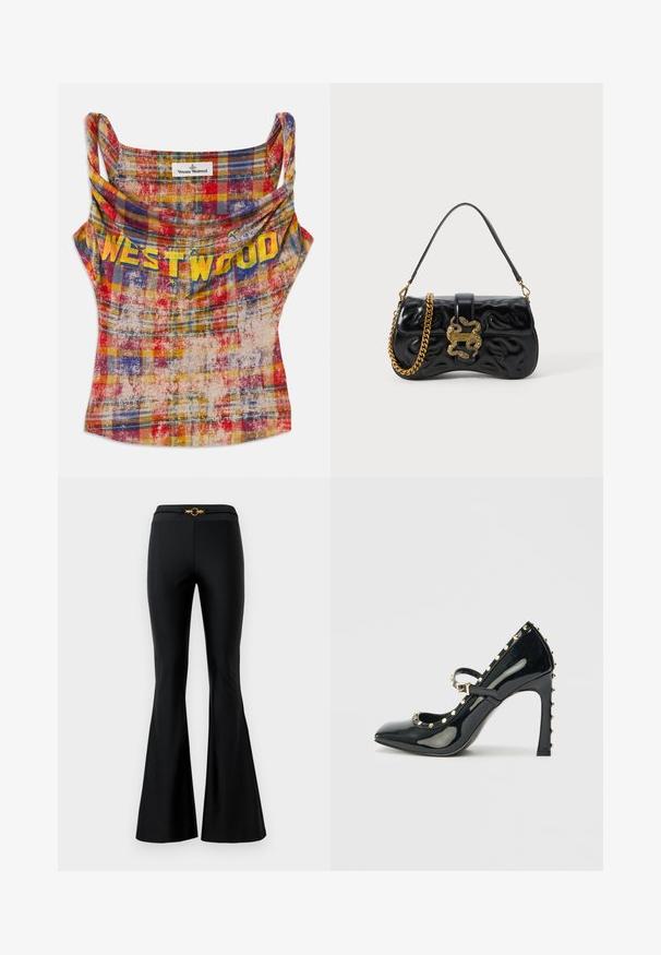 Lühendatud, ruuduline top erksas punases, kollases ja sinises. Omab langevat kaelust ja julgeid kollaseid "WESTWOOD" tekste. Pehme, tekstuuriga kangas.; Mustad laiad püksid siledast kangast, millel on rõhutatult keha järgivad vööd ja ees kuldne ringikujuline aksessuaar. Valmistatud venivast materjalist.; Mustmust musta lakknahast kõrge kontsaga king, millel on terav nina, pahkluu rihm ja kultased nurgapunktid äärtes.; Must beegi kunstnahast käekott, millel on sissepressitud lainemuster, kuldse tooni ahelhihn ja dekoratiivne madala kujuga lukustus, millel on logo detail.