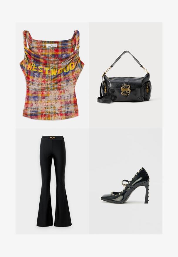 Ryškiai raudonas, geltonas ir mėlynas margas nusmukęs liemenukas. Sukurtas su drapiruotu iškirpimu ir rausvos spalvos „WESTWOOD“ tekstu. Minkšta, tekstūruota medžiaga.; Juodos išsiplėtusios kelnės su lygiu paviršiumi, turinčios prigludusią juosmenį ir auksinę apvalią įdėklą priekyje. Pagamintos iš elastingos medžiagos.; Juodas patentinis odinis aukštakulnis batelis su smailiu nosiu, kulkšnies dirželiu ir auksiniais studų akcentais aplink kraštus.; Juodas odinis rankinukas su lygiu paviršiumi, auksinėmis gyvatės formos detalėmis ir dviem užtrauktukais uždaromais šoninėmis kišenėmis. Yra reguliuojamas peties diržas.