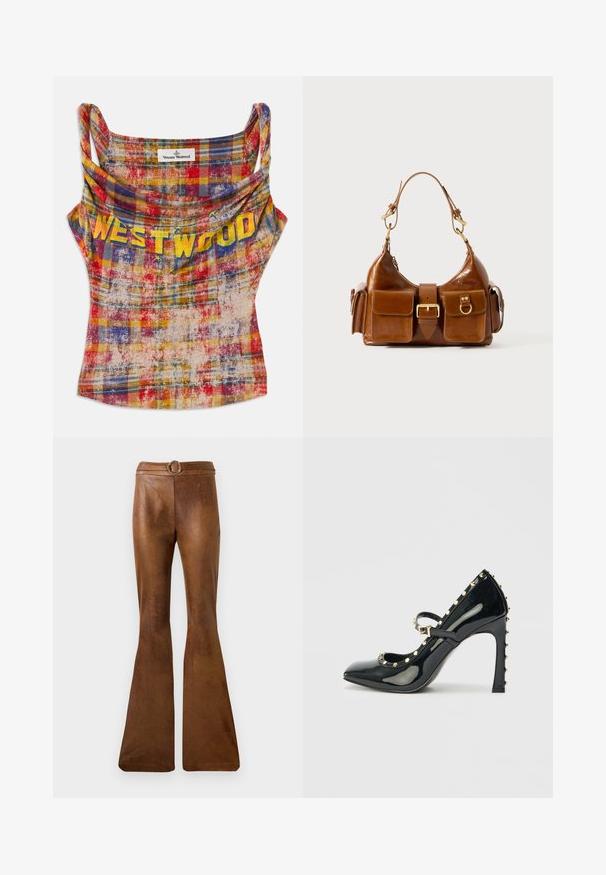Top scurt cu carouri în nuanțe vibrante de roșu, galben și albastru. Dispune de un guler drapat și textul "WESTWOOD" într-o nuanță de galben intens. Material moale și texturat.; Pantaloni maro cu picioare evazate, dintr-un material texturat. Prezintă un cârcel neted, cu un detaliu metalic circular pentru catarama curelei.; Sandalete cu toc înalt din piele patent neagră, cu vârf ascuțit, curea pentru gleznă și accente aurii încuiate de-a lungul marginilor.; Geantă de mână din piele maro, cu o formă curbată, accesorii din metal auriu dual, două buzunare frontale și o curea lată. Textură netedă cu un finisaj elegant.