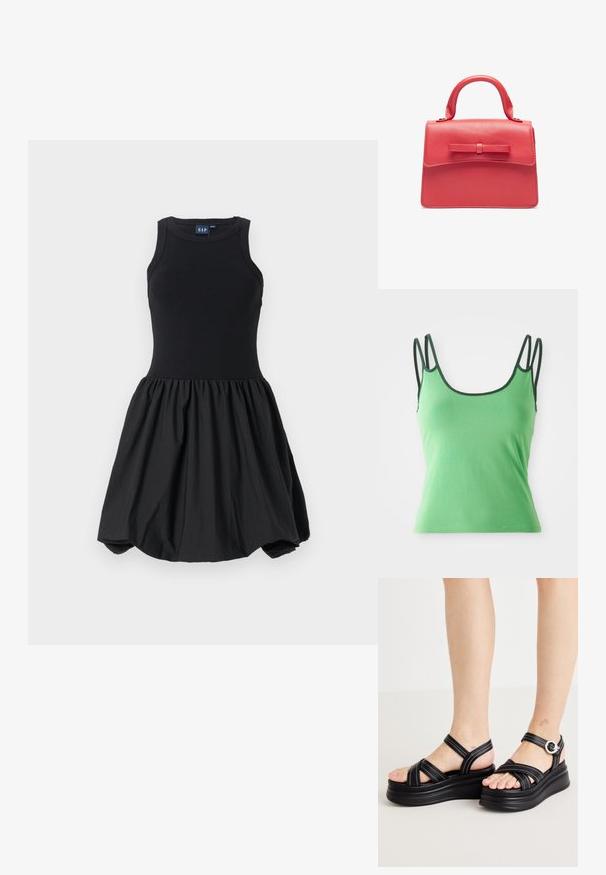 Grøn tanktop med tynde stropper, rund halsudskæring og mørkegrøn kant. Lavet af et glat, strækbart stof. Tætsiddende design, uden mønstre.; Sort kjole med en tætsiddende tanktop-bodice og en voluminøs, samlet nederdel. Glat tekstur, lavet af blødt stof uden synlige mønstre.; Sorte platform sandaler med krydset remme, sølvhardware og hvide syninger. Designet med en kraftig sål og åben tå.; Rød lædertaske med et struktureret design, der har et topgreb og en front sløjfeaccent. Glat tekstur med syede kanter.