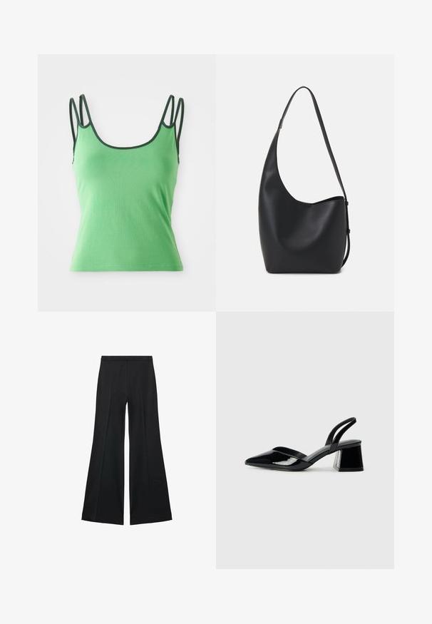 Green tank top with thin straps, rounded neckline, and dark green trim. Made from a smooth, stretchy fabric. Fitted design, no patterns.; Black wide-leg pants with a smooth texture, featuring front pleats and a tailored design. The fabric is lightweight and flowy.; Black patent leather slingback heels with a pointed toe and a geometric block heel. Features a sleek, minimal design and smooth texture.; Black leather hobo bag with a smooth texture, curved shape, and single adjustable strap; features a wide opening at the top.
