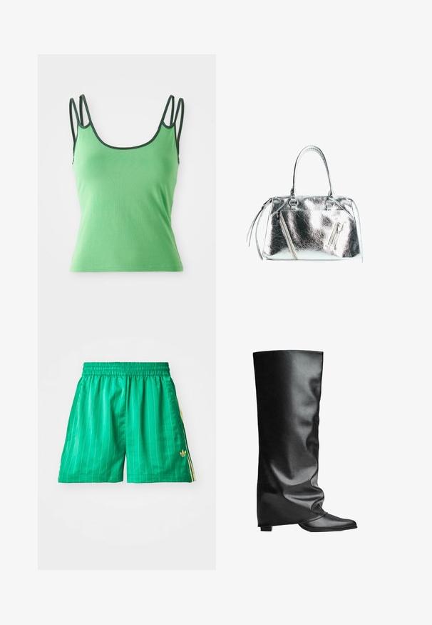Top verde con spalline sottili, scollatura rotonda e bordo verde scuro. Realizzato in un tessuto liscio ed elastico. Design aderente, senza fantasie.; Pantaloni sportivi verdi con strisce verticali bianche, vita elastica e dettagli gialli sui lati. Presenta un piccolo logo dorato in basso a sinistra.; Stivali neri in pelle fino al ginocchio con una texture liscia, design morbido, punta affusolata e tacco quadrato basso. Stile minimalista senza hardware visibile.; Borsa a mano in argento metallico con forma strutturata, due manici superiori e tasche con zip sul davanti. Texture liscia e lucida.