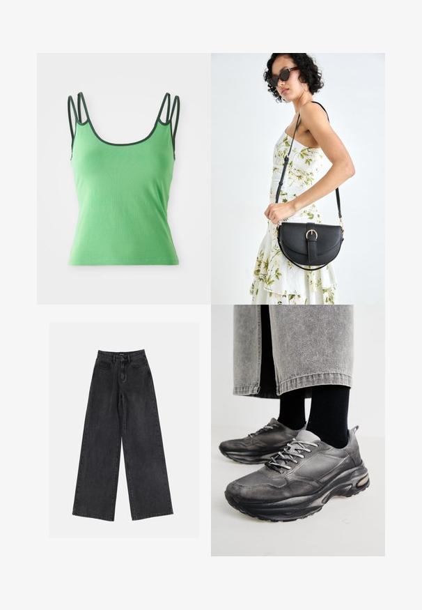 Green tank top with thin straps, rounded neckline, and dark green trim. Made from a smooth, stretchy fabric. Fitted design, no patterns.; Black wide-leg denim jeans featuring a high waist, classic five-pocket design, and subtle fading. Durable fabric with a smooth texture.; Black and gray athletic shoes feature a mesh upper, thick soles, and laces. They have a rounded toe and visible cushioning detail.; Black leather handbag with a curved shape, detachable strap, and gold hardware. The bag features a flap with a buckle detail.