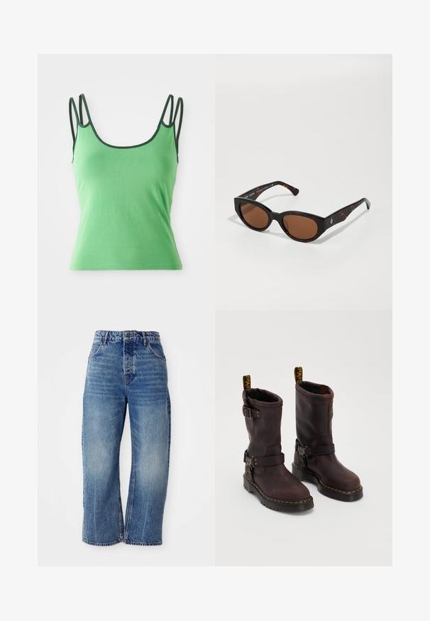 Green tank top with thin straps, rounded neckline, and dark green trim. Made from a smooth, stretchy fabric. Fitted design, no patterns.; Free People DEEP TRANCE DROPPED - Relaxed fit jeans - blue denim; Brown leather boots with a mid-calf design, featuring a strap and buckle, a thick black sole, and yellow stitching accents.; Black tortoiseshell sunglasses with brown lenses, angular design, and wide arms featuring a subtle logo detail. Smooth plastic texture.; Brown suede shoulder bag with a soft, slouchy shape and a single long strap, featuring a subtle, smooth texture and no visible hardware.