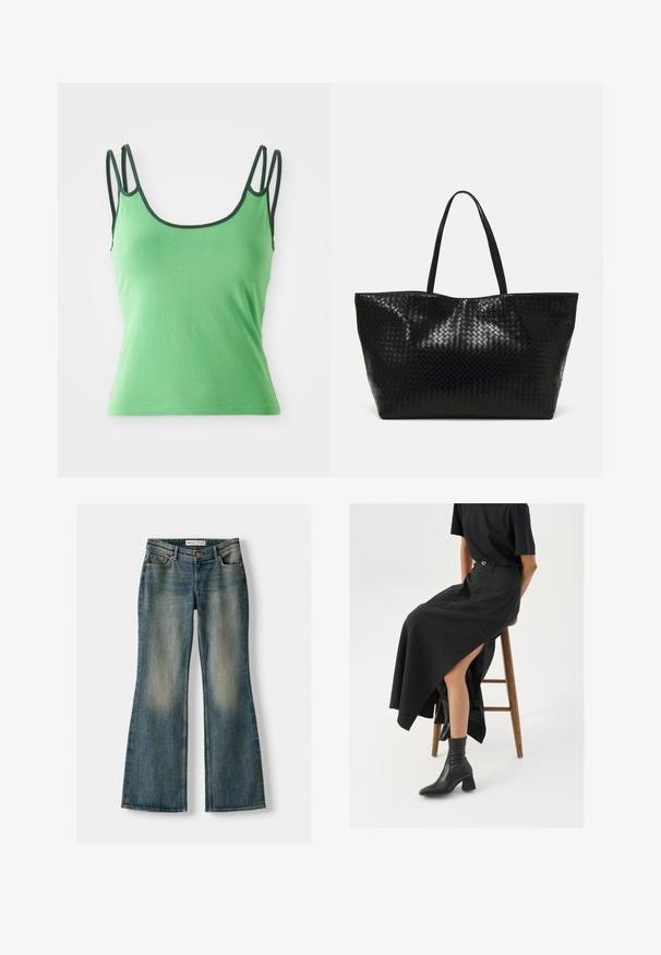 Top verde con spalline sottili, scollatura rotonda e bordo verde scuro. Realizzato in un tessuto liscio ed elastico. Design aderente, senza fantasie.; Jeans flare blu con lavaggio sbiadito, cinque tasche e chiusura con bottone. Il materiale presenta una trama in denim con dettagli di cucitura sottili.; Gonna maxi in lino nera con uno spacco alto, indossata con una t-shirt nera e stivaletti neri. Design minimalista con una vestibilità rilassata.; Borsa tote nera intrecciata con due manici robusti, caratterizzata da una texture lucida e un ampio design a apertura aperta.