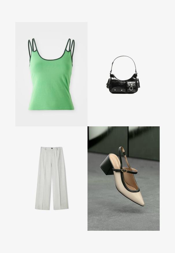 Top verde con spalline sottili, scollatura rotonda e bordo verde scuro. Realizzato in un tessuto liscio ed elastico. Design aderente, senza fantasie.; Pantaloni ampi grigi chiari realizzati in un tessuto testurizzato, dotati di una chiusura con bottone e due pieghe frontali per maggior dettaglio.; Scarpa beige con punta a stivale, con rifiniture nere, fibbia dorata e tacco a blocco spesso su un pavimento grigio con sfondo verde scuro.; Borsa a spalla in vernice nera con forma curvata, una tracolla, tasche frontali e dettagli in metallo argentato.