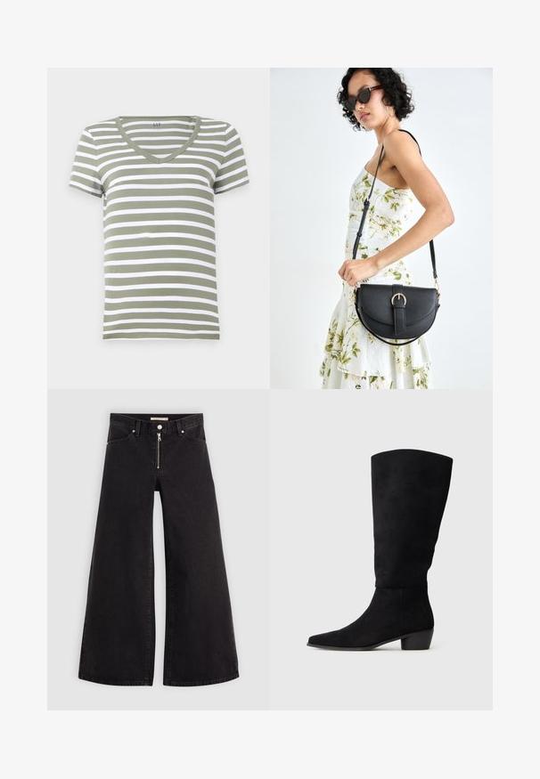 Olivově zelené a bíle pruhované bavlněné tričko s výstřihem do V a krátkými rukávy. Hladká textura, standardní fit, minimalistický design.; Džíny s širokými nohavicemi v černém denimovém provedení se zipem vpředu, pěti kapsami a jemnými švy. Hladká textura a ležérní styl.; Černé semišové vysoké kozačky po kolena s nízkým blokovým podpatkem a špičatou špičkou, zobrazené ve bočním pohledu na světlém šedém pozadí.; Černá kožená kabelka s křivkovým tvarem, odnímatelným popruhem a zlatými detaily. Kabelka má klopu s přezkou.