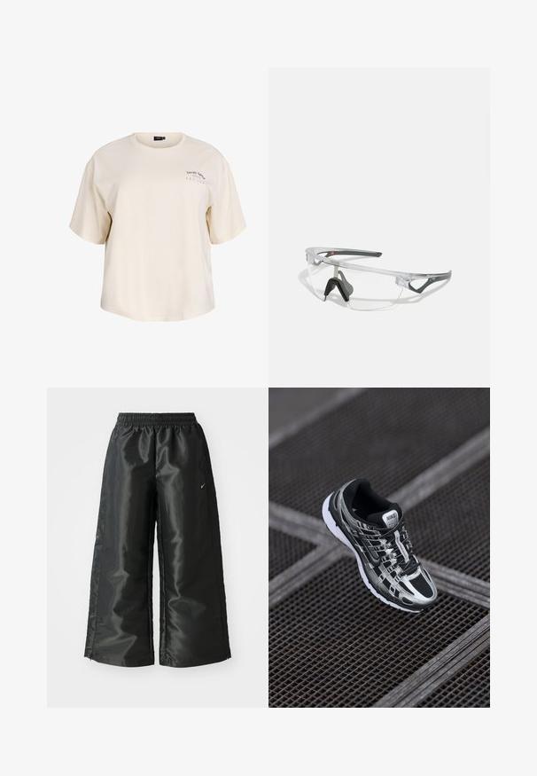 Kreminės spalvos medvilnės marškinėliai su laisvu siluetu, trumpomis rankovėmis ir apvalia iškirpte. Savyje turi mažą spausdintą tekstą kairėje krūtinės pusėje.; Juodi sportiniai džinsai su blizgia, lygaus audinio medžiaga, turintys elastingą juosmenį, plačias kojų dalis ir mažą logotipą kairėje pusėje.; Nike bėgimo bateliai su juodos ir sidabrinės spalvų schema, tinklinis viršus, tekstūruota padas ir raištelių sistema saugiam prigludimui.; Skaidrūs saugos akiniai su lengvu, skaidriu rėmeliu ir pilkiais akcentais. Yra apvalinimo dizainas ir reguliuojama nosies atrama.