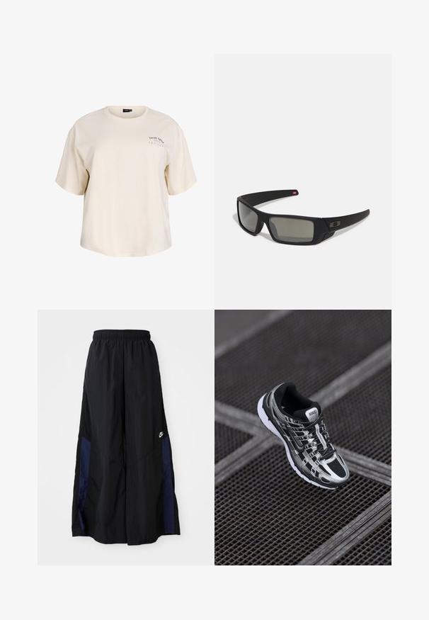 Camiseta de algodón color crema con un corte relajado, mangas cortas y cuello redondo. Presenta un pequeño texto impreso en la parte izquierda del pecho.; Pantalones de pierna ancha negros, confeccionados en una tela ligera, con un panel lateral azul marino y una cinturilla elástica. Logotipo blanco pequeño en la parte inferior.; Zapatilla de correr de Nike con una combinación de colores negro y plateado, parte superior de malla, suela texturizada y sistema de cordones para un ajuste seguro.; Gafas de sol negras con acabado mate, lentes rectangulares, ligera curvatura en las patillas, sutil detalle del logo y lentes ahumados.