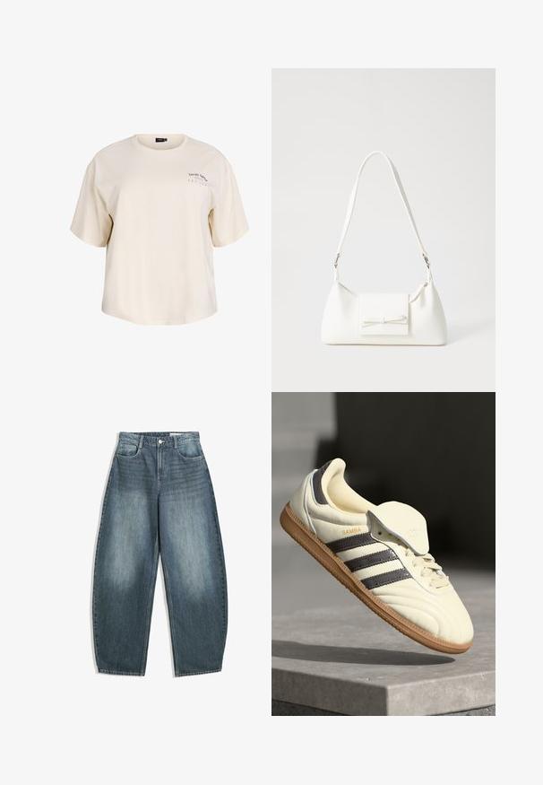 Cremefarbener Baumwoll-T-Shirt mit lockerem Schnitt, kurzen Ärmeln und Rundhalsausschnitt. Mit kleinem bedrucktem Text im linken Brustbereich.; Helleblaue Denim-Jeans im weiten Schnitt haben eine hohe Taille, fünf Taschen, dezente Ausbleichungen und Ziernähte entlang der Nähte.; Cremfarbene Ledersneaker mit drei dunklen Streifen, einer braunen Gummisohle und einer abgerundeten Zehenpartie. Hat eine faltbare Zunge, die mit "SAMBA" beschriftet ist.; Weiße synthetische Handtasche in dreieckiger Form, flache Vorderklappe und Schleifendetail, verstellbarer Trageriemen, glatte Textur und minimalistisches Design.