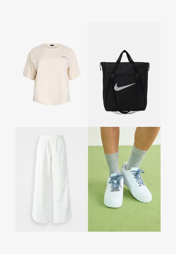 Krémové bavlnené tričko s voľným strihom, krátkymi rukávmi a okrúhlym výstrihom. Na ľavej strane hrude má malé potlačené písmeno.; Biele široké športové nohavice s ribbovaným pásom a jemným logom. Hladká tkanina s uvoľneným strihom a zúženým lemom.; Biele kožené tenisky s modrými akcentmi, perforovaným dizajnom na špičke a textúrovanými modro-bielymi šnúrkami, nosené so sivými rebrovanými ponožkami.; Čierna nylonová taška s dvoma pevnými uchami a zipsovým uzáverom. Obsahuje výrazné biele logo Nike vo vrúbkovanom horizontálnom dizajne.
