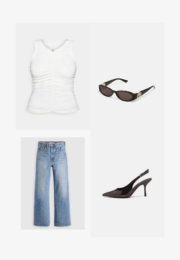 Bela brezrokavnik z nabranimi detajli spredaj in ob straneh. Mehka, gladka tekstura; v-neck izrez; oprijet kroj.; Svetlo modre široke kavbojke z visokim pasom, zbledelimi predeli, petimi žepi in kontrastnim šivanjem. Klasično zapiranje z gumbom in zadrgo.; Slingback visoke pete v sijajni temno rjavi lak koži, koničastim nosom, odprtimi stranmi in nastavljivim gležnjenčkim trakom.; Kornjačaste sunčane naočale s izduženim ovalnim lećama, smeškim tonovima, zlatnim logotipom na drškama i elegantnim crnim rukohvatima.