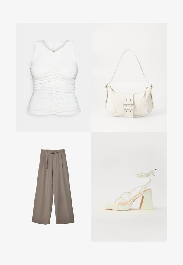 Hvid ærmeløs top med samlet detaljer langs fronten og siderne. Blød, glat tekstur; v-hals; tætsiddende silhuet.; Vide ben bukser i et blødt, afdæmpet grå stof, med en bælte i taljen og plisseringer for ekstra designdetalje. Glat tekstur, ingen mønstre.; Hvide højhælede sandaler med en kraftig hæl, der har et stropdesign og ankelbinding. Glat tekstur med en platform foran for ekstra højde.; Hvid skuldertaske med en tekstureret overflade, et centralt spænde og en buet form. Lynlåslukninger på begge sider.