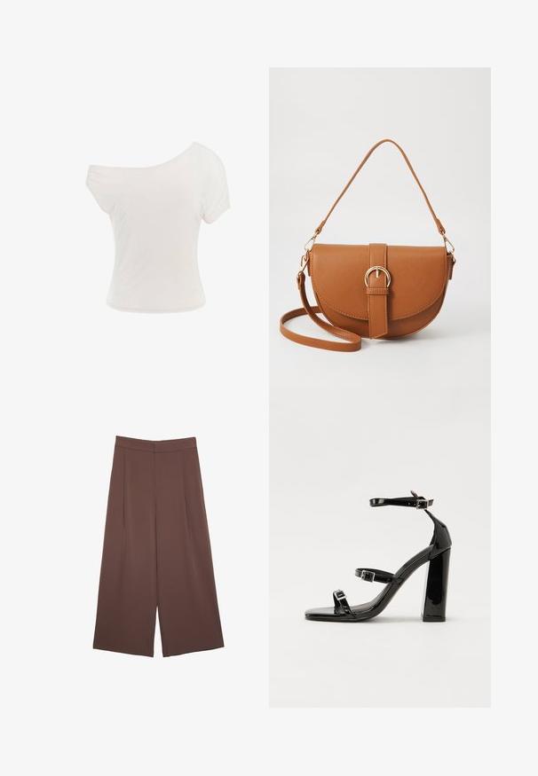 Bijela majica s otvorenim ramenima od mekanog, laganog materijala. Kratki rukavi, prilagođen oblik i porub s uvijenim detaljem. Glatka tekstura.; Smeđe hlače širokog kroja s glatkom teksturom, koje imaju visok struk i nabore sprijeda. Tkanina je lagana i slobodno se kreće.; Crne lakirane sandale na pete sa kvadratnim nosom, trakama oko gležnja i srebrnim kopčama. Imaju čvrst blok petu za stabilnost.; Smeđa kožna torba preko tijela s zakrivljenim oblikom, zlatnim metalnim detaljima i naglaskom na kopču. Ima odvojivu naramenicu.