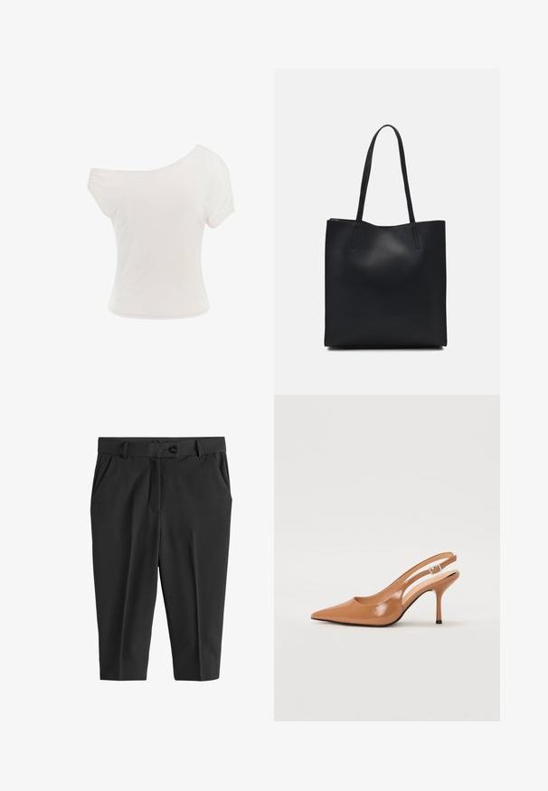 T-shirt bianco scollato sulle spalle realizzato in un tessuto morbido e leggero. Maniche corte, forma aderente e orlo arrotolato. Texture liscia.; Pantaloni neri su misura con pieghe frontali, chiusura a bottone e tasche laterali. Tessuto liscio con lunghezza cropped e silhouette slanciata.; Tacco slingback a punta affusolata in un materiale tan liscio e lucido. Presenta un design con ritaglio curvo e un sottile tacco a stiletto. Dettaglio con fibbia argentata.; Borsa tote in pelle nera con texture liscia, forma rettangolare e due manici lunghi. Nessun hardware o decorazione visibile.