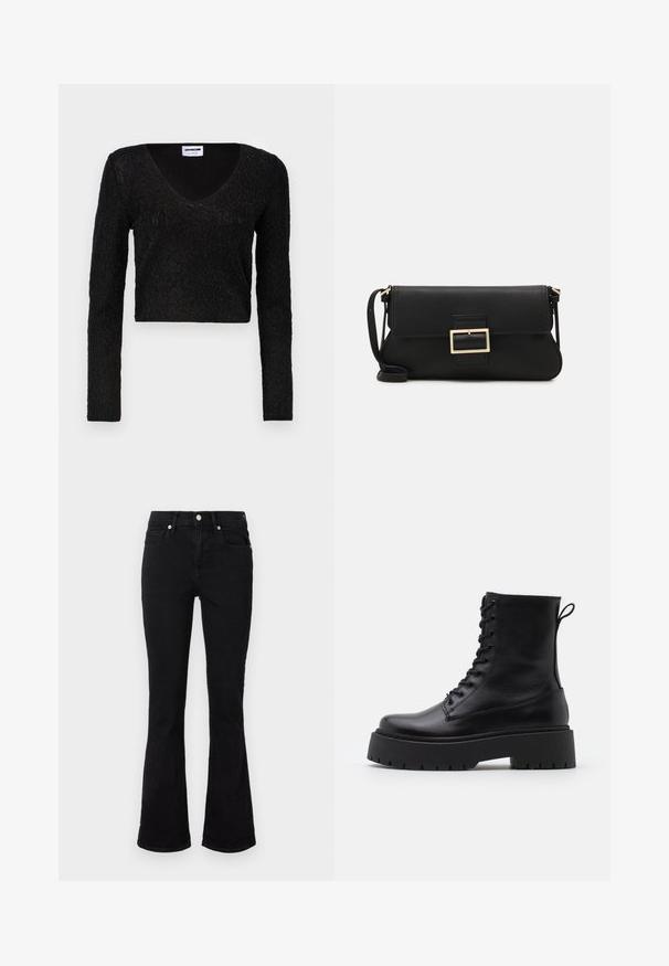 Fekete, hosszú ujjú, rövid fazonú póló V-nyakkal, texturált anyaggal és mintával, valamint testhez simuló dizájnnal. Puha anyag, amely enyhe fényt tükröz.; Fekete, harangszárú farmernadrág, közepes üléssel, első zsebekkel és gombzárral. Simább textúra minimális varrási részletekkel.; Fekete bőr bokacsizma, kerek orral, fűzős elülső résszel és vastag, texturált gumitalppal. Húzófül hátul.; Fekete bőr kézitáska hajtóka részlettel és aranyszínű fém csattal. Tartalmaz egy fekete pántot és egy letisztult, minimális dizájnt.