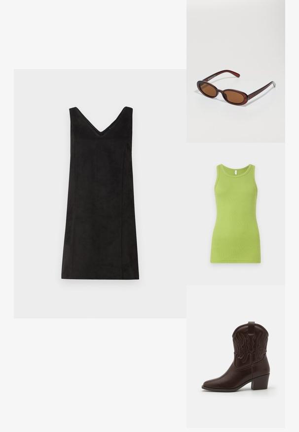 Zaļš bez piedurknēm, ar apaļu apkakli, uzvalks izgatavots no ribota kokvilnas. Līdzena tekstūra, veidota formā.; Melna bezdiega kleita ar V-veida kakla izgriezumu, izgatavota no mīkstas auduma, ar taisnu piegriezumu un minimālu detaļu skaitu. Gluda tekstūra.; Brūni ādas kovboju zābaki ar norādītām purngaliem, izdobiļa spārnu rakstiem, vidēji augstu bloku papēdi un cilpu aizmugurē.; Apaļas, brūnīgi nokrāsotas saulesbrilles ar spīdīgu bordo rāmīti. Šauri kāti ar diskrētu zīmola detaļu. Plakana objektīva dizains.; Austā burgundijas ādas soma ar noapaļotu korpusu, biezu rokturi un ar rāvējslēdzēju atveramu aizvēršanu. Tai ir gluda tekstūra un pinumu raksts.