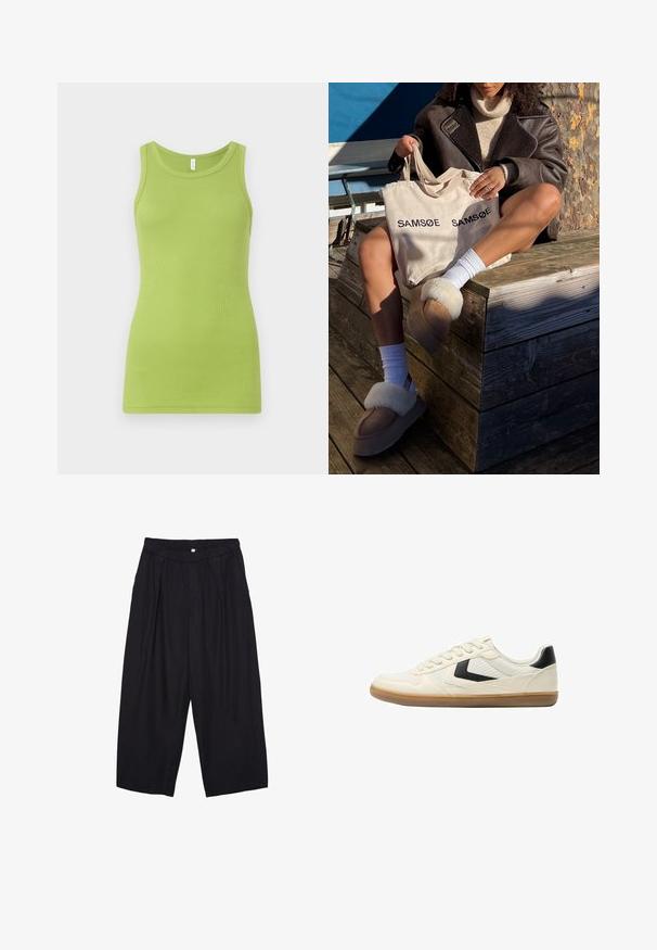 Grön tanktopp i ribbat bomull, med rund halsringning och ärmlös design. Slät textur med en figurnära passform.; Svarta polyester culottbyxor med elastisk midja, två framfickor och en lös silhuett. Inga synliga mönster eller hårdvarudetaljer.; Bershka Sneakers - white; Beige totebag med "SAMSOE" tryckt två gånger, bruna tofflor med vit pälskant, vita strumpor och en brun fåroverall på en träyta.