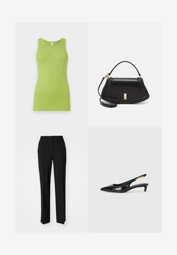 Green tank top made of ribbed cotton, featuring a round neckline and sleeveless design. Smooth texture with a fitted shape.; Black tailored trousers with a straight-leg design, featuring a smooth texture and crisp creases along the front. No visible hardware.; Black leather slingback heels with a pointed toe, featuring a slim heel and a gold-tone accent on the adjustable strap. Smooth texture.; Black leather handbag with a structured design, featuring a cropped shape, top handle, and gold hardware accent. Adjustable shoulder strap included.