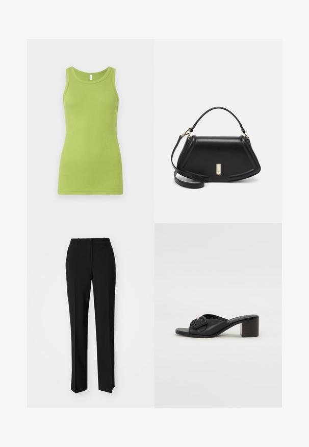 Grøn tanktop lavet af ribbet bomuld, med rund halsudskæring og ærmeløs design. Glat tekstur med en tætsiddende form.; Sorte skræddersyede bukser med lige ben-design, der har en glat tekstur og skarpe folder langs fronten. Ingen synlige hardware.; BOSS CHARLIZE - Mules med hæl - black; Sort læderhåndtaske med en struktureret design, der har en kortet form, tophåndtag og guld hardware-accenter. Justerbar skulderrem inkluderet.