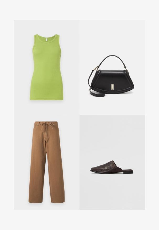 Zeleni top brez rokavov iz rebrastega bombaža, z okroglim izrezom. Gladka tekstura in prilegajoč kroj.; Rjave hlače širokega kroja, izdelane iz bombaža, z elastičnim pasom na vrvico in dvema sprednjima žepoma. Tekstura blaga z gladko površino.; Črne natikače brez petke so narejene iz teksturiranega materiala s kačjim vzorcem, imajo nizko, ravno peto in obliko z odprtim prstom.; Črna usnjena torbica s strukturnim dizajnom, ki ima skrajšano obliko, zgornji ročaj in zlate dodatke. Vključena je nastavljiva ramenska naramnica.