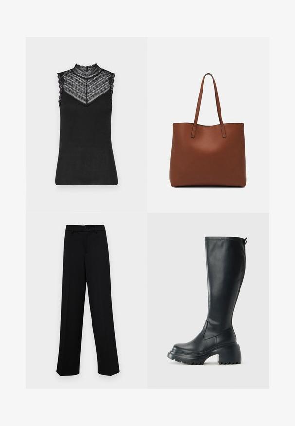 Melns bez piedurknēm tops ar augstu mežģīņu apkakli, ribotu tekstūru un sarežģītu mežģīņu detaļu plecos un ap kaklu.; Melnas platajās bikses, kas izgatavotas no gludas auduma, ar klasisku jostu un pogu aizdari, kā arī priekšējām kroku detalizācijām.; Augstas melnas ādas zābakus ar masīvu platformu un bloka papēdi, ar vilkšanas cilpu un strukturētu profilu uz ārējā zoles.; Brūna ādas iepirkumu soma ar gludu tekstūru, atvērta augšdaļa un divas plecu siksnas. Izceļas ar minimālām šuvēm un redzamu aparatūru nav.