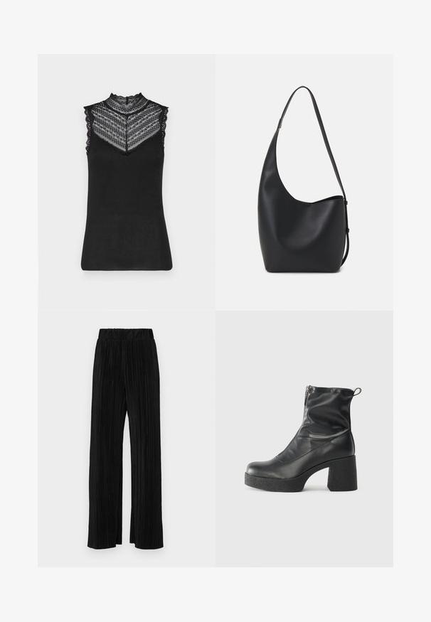 Svart ermeløs topp med høy blonderkrage, ribbet tekstur og intrikate blonderdetaljer langs skuldrene og utringningen.; Sorte plisserte bukser med elastisk midje. Har vide ben og et glatt, strukturert stoff med vertikale striper.; Svarte ankelstøvler laget av glatt lær, med glidelås på siden, chunky strukturert hæl, og rund tå-design.; Svart lær hobo-veske med glatt tekstur, buet form og enkelt justerbart stropp; har en bred åpning på toppen.