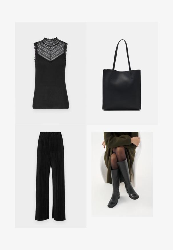 Mustas ilmanhiha t-paita, jossa on korkea pitsikaulus, ribattua pintaa sekä monimutkaisia pitsiyksityiskohtia hartioilla ja kaula-aukossa.; Mustat pleatatut housut, joissa on joustava vyötärö. Ominaisuuksiin kuuluvat leveät lahkeet ja sileä, teksturoitu kangas, jossa on pystysuoria raitoja.; Polvisuoja mustat nahastossud, millel on ruudukujuline varvas ja plokk-kints, on esitatud mudeli seljas, kes istub oliivrohelises mantlis. Sile tekstuur, minimaalne detailitus.; Mustapahkainen kangaskassi, jossa on sileä pinta, suorakaiteen muotoinen ja kaksi pitkää kahvaa. Ei näkyvää metalliosaa tai koristeita.