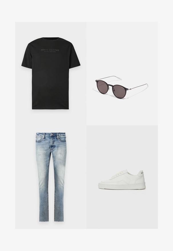 Black short-sleeve crew neck t-shirt with "ARMANI EXCHANGE MILANO / NEW YORK" printed in small dark gray letters on the chest.; Light blue denim jeans with a faded finish, slim fit design, five pockets, and contrasting stitching at the seams.; White leather sneaker with a smooth finish, round toe, flat laces, and a textured sole. Features a subtle logo on the heel.; Black round sunglasses with dark lenses and slim metal arms. Includes clear temple tips and silver accents at the hinge. Minimalist design.