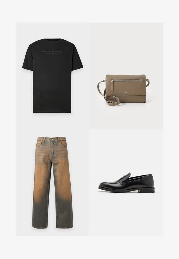 Čierne tričko s krátkym rukávom a okrúhlym výstrihom s potlačou "ARMANI EXCHANGE MILANO / NEW YORK" v malých tmavosivých písmenách na hrudi.; Džínsy s širokými nohavicami v poškodenom modrom a hnedom denime. Majú vysoký pás, predné vrecká a klasické zapínanie na gombík s kovovými akcentmi.; Čierne kožené mokasíny s hladkou textúrou, zaoblenou špičkou a dekoračným pásikom cez priehlavok. Nízky vrstvený opätok, minimalistický dizajn.; Taupe kožená crossbody taška so zipsovým predným vreckom, nastaviteľným popruhom, textúrou z granitového kameňa a embosovaným logom na prednej strane.