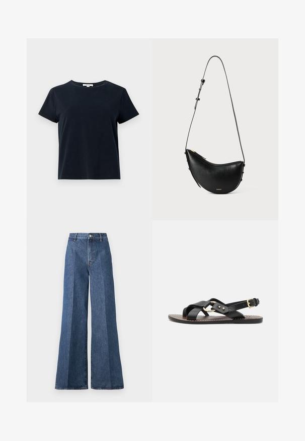 Camiseta de manga corta azul marino oscuro, hecha de algodón suave, con cuello redondo y un corte amplio. Sin patrones ni acentos visibles.; Jeans de mezclilla azul de pierna ancha con cintura alta, que cuentan con un estilo clásico de cinco bolsillos y un cierre de botón, confeccionados en tela de algodón texturizado.; Sandalia de cuero negro con tiras entrelazadas y un acento circular en tono dorado. Suela plana con cierre de hebilla en el tobillo.; Bolso de cuero negro con forma curvada y una sola correa ajustable. Cuenta con un cierre de cremallera y un hardware dorado minimalista.