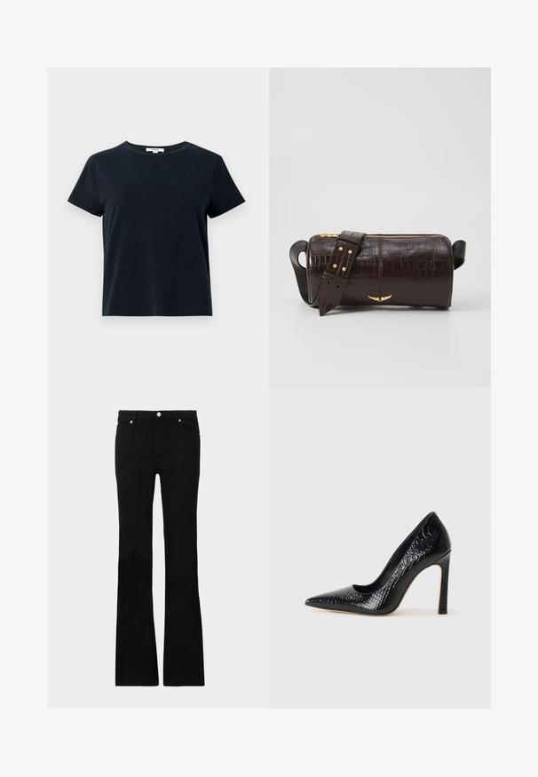 Ciemnoniebieska koszulka z krótkim rękawem, wykonana z miękkiej bawełny, z okrągłym dekoltem i luźnym krojem. Brak widocznych wzorów lub akcentów.; Czarne dzwony z denimu, z dwoma przednimi kieszeniami, zapięciem na guzik i gładką fakturą. Widoczne charakterystyczne szycie na szwach.; Czarne szpilki z ostrym noskiem, pokryte teksturą skóry krokodyla, charakteryzujące się eleganckim wzornictwem, wysokim obcasem w stylu stiletto oraz gładkim czarnym wnętrzem.; Brązowa torba ze skóry z tłoczeniem krokodyla w kształcie cylindrycznym, z metalowymi elementami w kolorze złotym oraz odczepianym paskiem z ćwiekami.