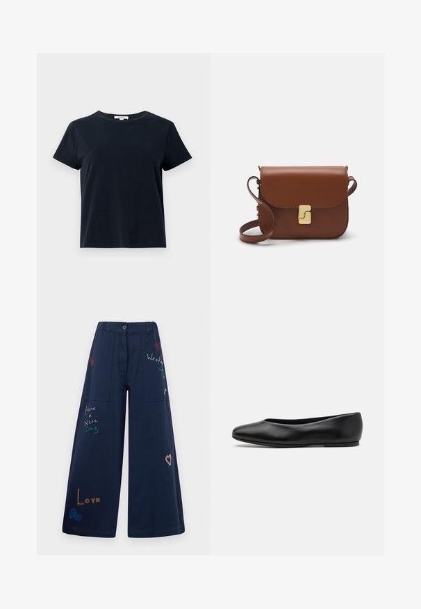 Tmavě námořnická modrá triko s krátkým rukávem, vyrobené z měkké bavlny, s kulatým výstřihem a volným střihem. Bez viditelných vzorů nebo akcentů.; Námořnické modré široké kalhoty z bavlny s několika kapsami. Obsahují barevné vyšívané texty a grafiku včetně srdíček a hravých frází.; Paul Smith TOPANGA - Klasické baleríny - black; Hnědá kožená kabelka s klopou, zlatými kovovými detaily, ramenním popruhem a hladkým povrchem. Kompaktní obdélníkový tvar.