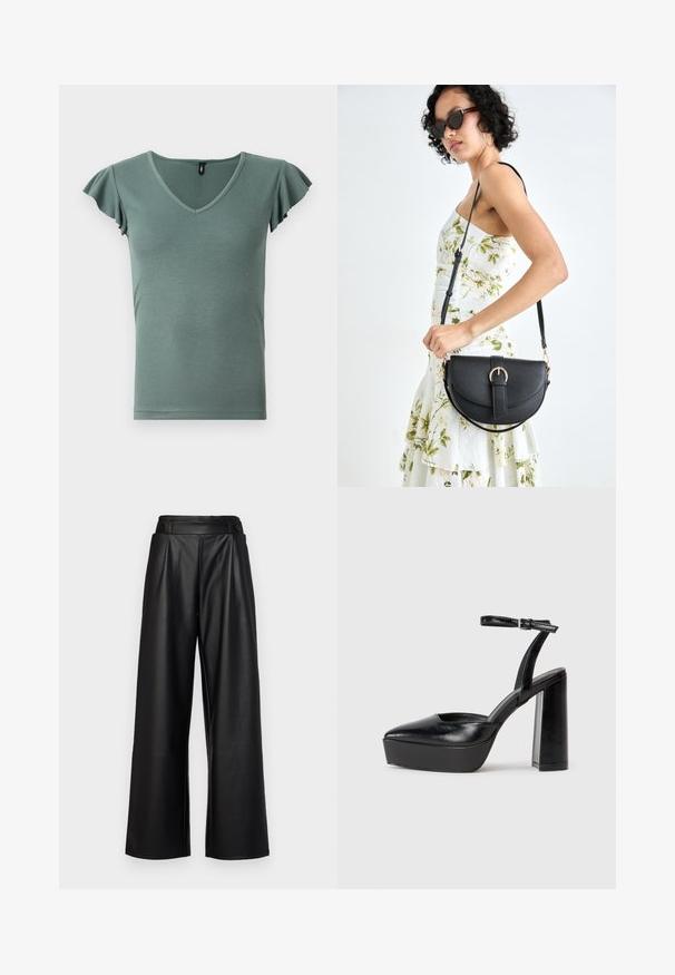 Gai zaļš ribots īsām piedurknēm tops ar V veida kakla izgriezumu un frillēm, piedāvājot pieguļošu formu un gludu tekstūru.; Melni, plata kāju bikses, izgatavotas no ādas, ar augstu jostu, krokām un divām apaļām pogām priekšpusē, lai aizvērtu.; Melnas platformas papēžs ar norādītu purngala formu un regulējamu potītes siksniņu. Izgatavotas no gludas ādas, ar masīvu bloku papēdi.; Melnas ādas rokassoma ar izliekta formu, noņemamu siksnu un zelta aksesuāriem. Somai ir vāciņš ar sprādzes detaļu.